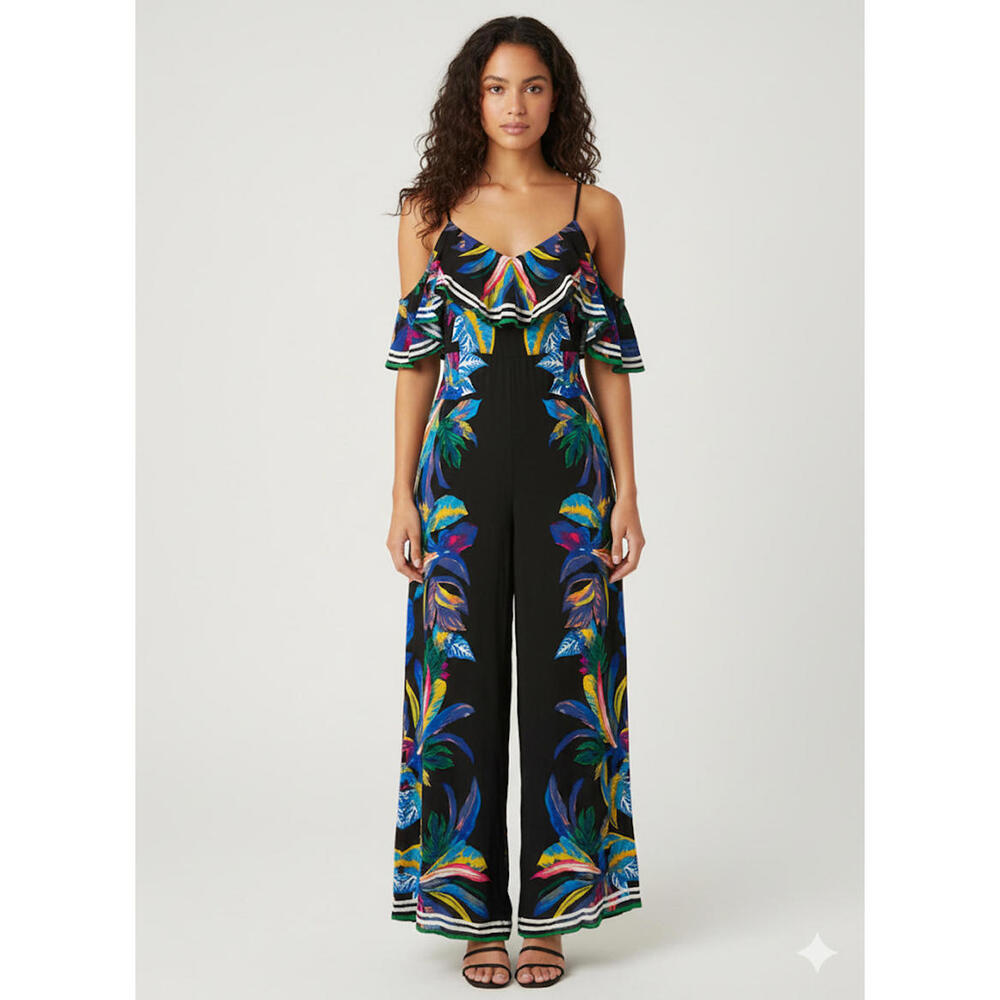 Flying Tomato Black Floral Print Cold Shoulder Jumpsuit S - Picture 1 of 6